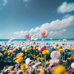 Summer background with colorful diverse flowers at tropic beach. Minimal Creative landscape composition.