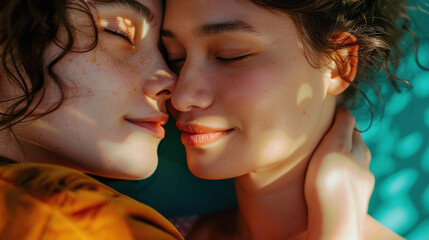 Very close up portrait of two LGBTQ attractive persons show love and tenderness
