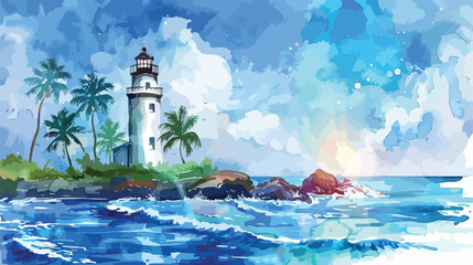 Watercolor seascape lighthouse blue waves palms backd