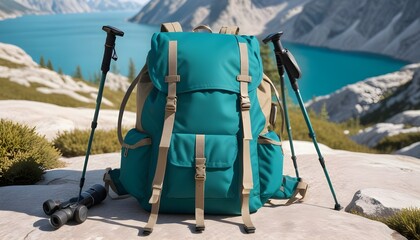 backpack and trekking poles on white background