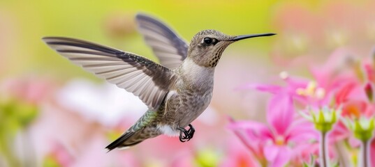 Naklejka premium Exotic garden scene hummingbird sipping nectar from vibrant flower in a tropical oasis