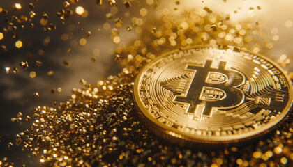 close-up view of a shiny golden Bitcoin coin lying on glittering golden particles, representing cryptocurrency, digital wealth, and financial technology