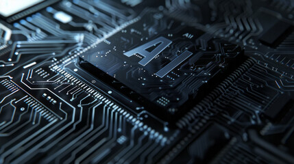 close-up of an AI microchip on a circuit board, illuminated with blue lights indicating active data processing. It emphasizes artificial intelligence technology and advanced computing systems