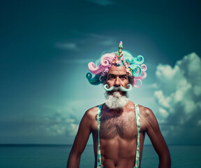 Portrait of Poseidon or Sea God with pastel pink blue hair at sea coast beach. Modern older Man with beard style posing at beach on summer vacation.