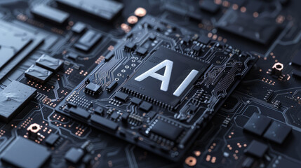 Fototapeta premium close-up of an AI microchip on a circuit board, illuminated with blue lights indicating active data processing. It emphasizes artificial intelligence technology and advanced computing systems