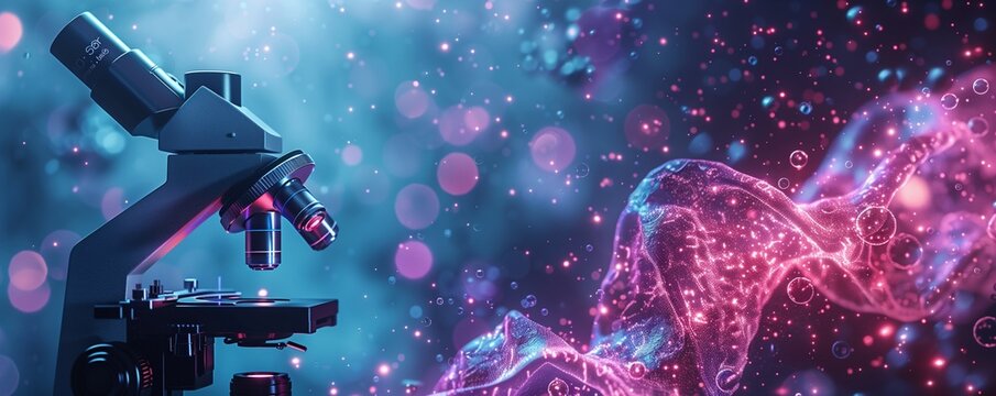 A microscope alongside a glowing DNA strand, highlighting the connection between technology and genetic research in a vibrant scientific scene.