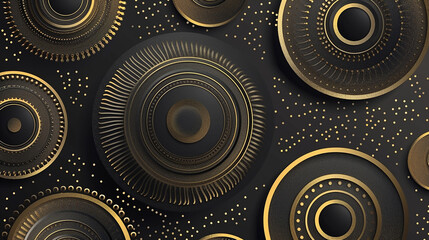 Abstract geometric luxury, black and gold circular patterns.