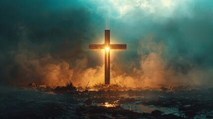 Naklejka premium A wooden cross is standing in a field of yellow flowers