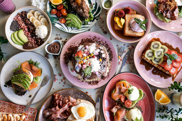 Lunch. Family breakfast or brunch served on a table. Aerial view