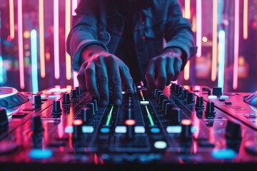 A DJ is playing music at a club with neon lights in the background