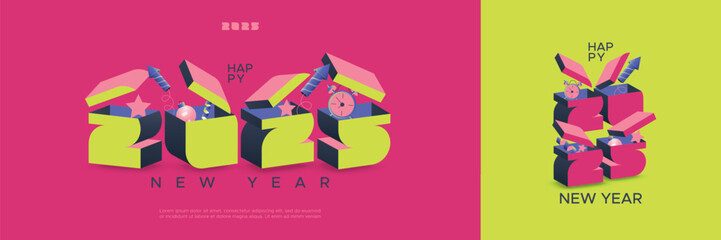 Creative concept of 2025 new year celebration with unique combination between number and gift box as smart basic concept design. Happy new year 2025 with unique modern number design concept