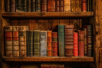 An old wooden shelf with stacked books.