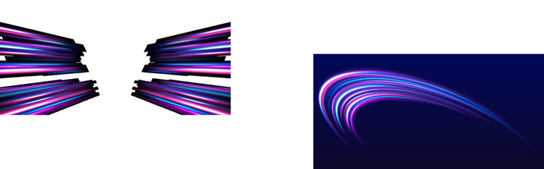 Speed police line. Laser beams, horizontal light rays. Magic shining neon light line trails. Purple glowing wave swirl, impulse cable lines. High speed effect motion blur night lights