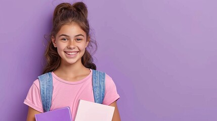 Obraz premium Smiling schoolgirl holding notebooks with purple background. Bright, cheerful photo perfect for educational themes and back to school.