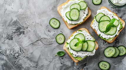 Cucumber sandwiches with cream cheese, a healthy and fresh vegetarian breakfast option. Arranged on a gray background with empty space for text.