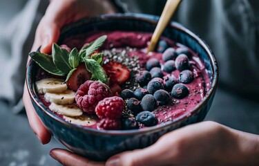 A closeup of the smoothie bowl, with chia seeds and fresh fruits on top