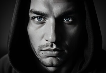 face of a guy in a hood black and white photo