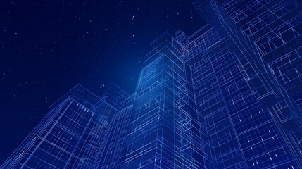 A blue building with a crane in the background. The building is made of lines and dots, giving it a futuristic appearance