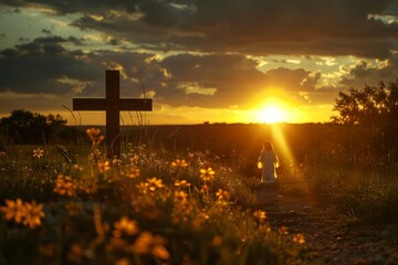 A wooden cross is standing in a field of yellow flowers