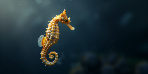 the seahorse swimming underwater, clear ocean water seabed, copy space for text