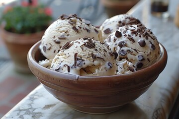 Stracciatella Gelato: Creamy gelato with fine chocolate shavings throughout, served in a bowl or cone. 