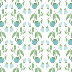Flowers tiled seamless pattern. Blue wildflowers endless background. Summer meadow repeat cover. Botanic loop ornament. Vector hand drawn illustration.