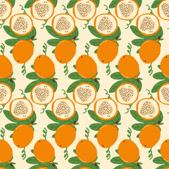 Seamless pattern featuring yellow passion fruit clusters with leaves. Granadilla half and whole fruit seamless pattern. Exotic sweet grenadia loop ornament. Vector hand drawn illustration.