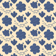 Flowers seamless pattern. Floral retro endless background. Flower ornament tile. Dark blue botanic repeat cover. Vector hand drawn illustration.