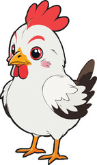 Cartoon Easter chicken balancing on one leg with wide-open eyes