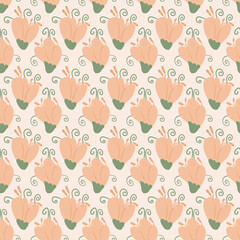 Wildflowers simple seamless pattern. Floral endless background. Flower bud repeat cover. Vector hand drawn illustration.