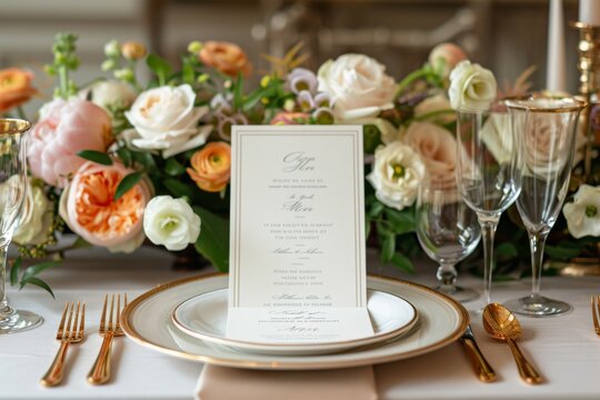 A table with a white plate and a white napkin with a menu on it - Powered by Adobe
