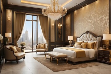 Royal luxury bedroom interior design, modern hazelnut color and golden interior design, luxurious bedroom design of a king palace, home decor photo realistic background