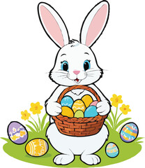 Easter bunny with eggs-filled basket on grass and flowers