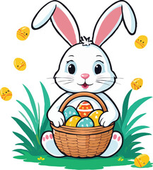 Easter bunny with basket of decorated eggs sitting in grass and taking flight