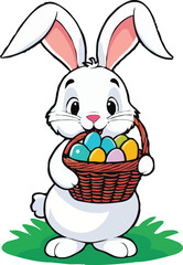 Adorable bunny with Easter eggs in a basket, sporting charming ears