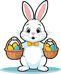 Easter bunny with eggs-filled basket on grass and flowers