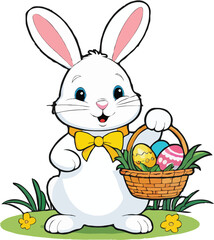 Easter bunny holds a colorful basket filled with beautifully painted eggs