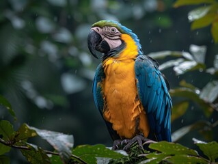 A vibrant macaw perches on a branch amidst a lush, rainy jungle, conveying tranquility, beauty, and the essence of nature