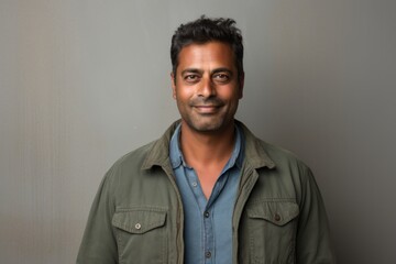 Portrait of a glad indian man in his 40s smiling at the camera on bare concrete or plaster wall