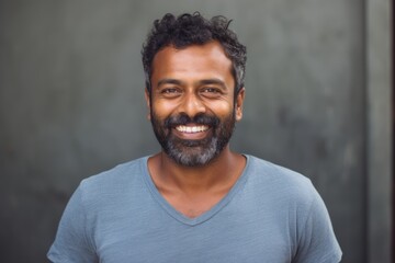 Obraz premium Portrait of a glad indian man in his 40s smiling at the camera on bare concrete or plaster wall