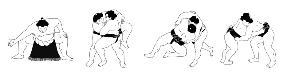 A set of sumo wrestlers in minimal art style. Traditional japanese sport.