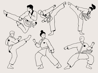 Karate concept. Karate fighter or sport person in kimono. Fighting, kicking, attacking pose. Japan martial art, professional or recreation. Active rest, recharge. Knockout workouts.