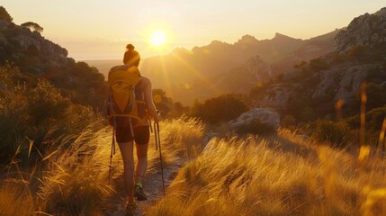 Fototapeta premium Hiking trip. Mountains landscape. Illustration generated by ai