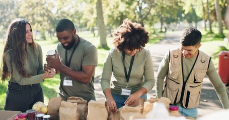 Food, volunteering or happy people high five in charity event for success, kindness or helping in park. Community donation, group or volunteers at ngo for grocery package distribution at NPO project