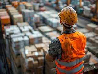 A construction worker in a reflective vest and hard hat oversees a busy, industrial warehouse filled with neatly arranged containers, conveying diligence and productivity