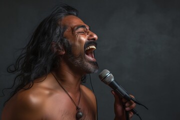 Portrait of a blissful indian man in his 40s dancing and singing song in microphone in bare concrete or plaster wall