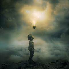 A young boy gazes upward at a giant lightbulb floating above him against a dramatic backdrop of cloudy skies, symbolizing inspiration and boundless imagination.