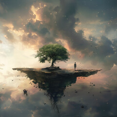 A man stands alone on a floating island, gazing at a majestic tree under a dynamic sunset sky, reflecting hope and tranquility in a surreal landscape.