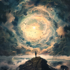 A surreal scene depicts a person on a cliff overlooking an ocean, surrounded by swirling clouds and birds, symbolizing hope and serenity after turmoil.