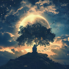 This image features a large moon illuminating a lone figure meditating under a glowing tree on a hill, conveying a sense of hope and serenity.